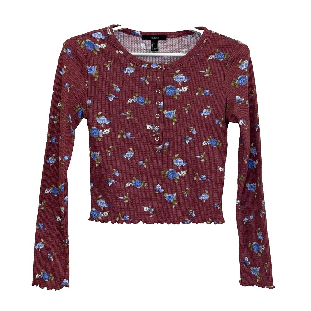 Forever 21 Crop Top‎ Womens Sz Small Mauve Floral Print Long Sleeve Coquette Y2K